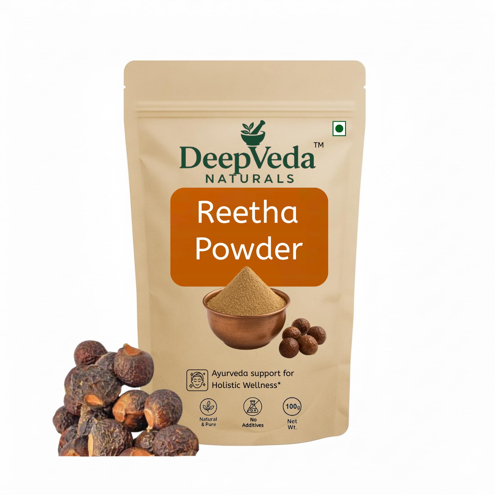 DeepVeda Naturals 100% Organic Reetha Powder, Sapindus Mukorossi, Hair Cleanser, Promotes Hair Growth, Adds Shine, Natural Texture, 100g-image-0