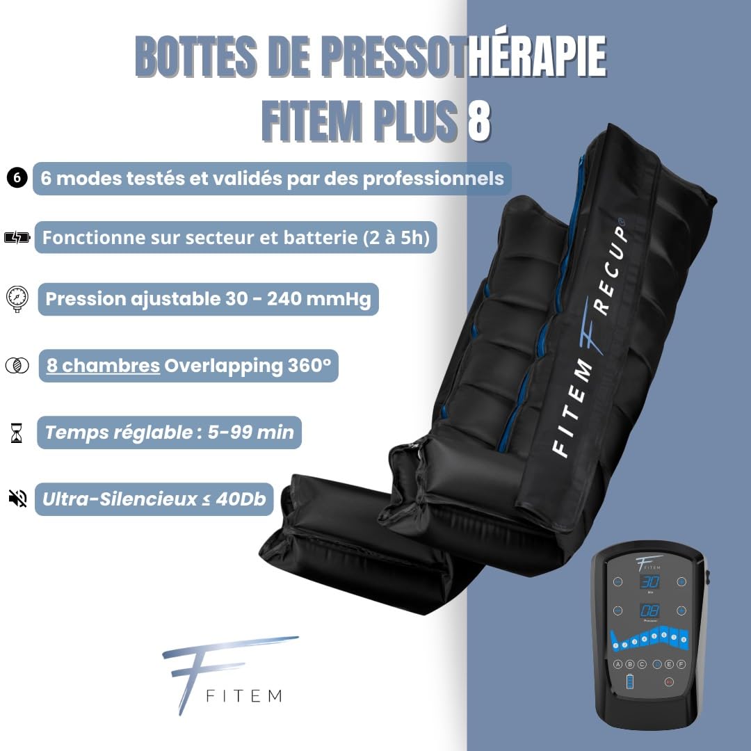 Fitem Bottes de Pressothérapie - 8 chambres, 6 modes - Massage des Jambes et pieds - Drainage lymphatique - Jambes Lourdes - Rétention d'eau - Anti-Cellulite - Récupération sportive - Garantie 2 ans
