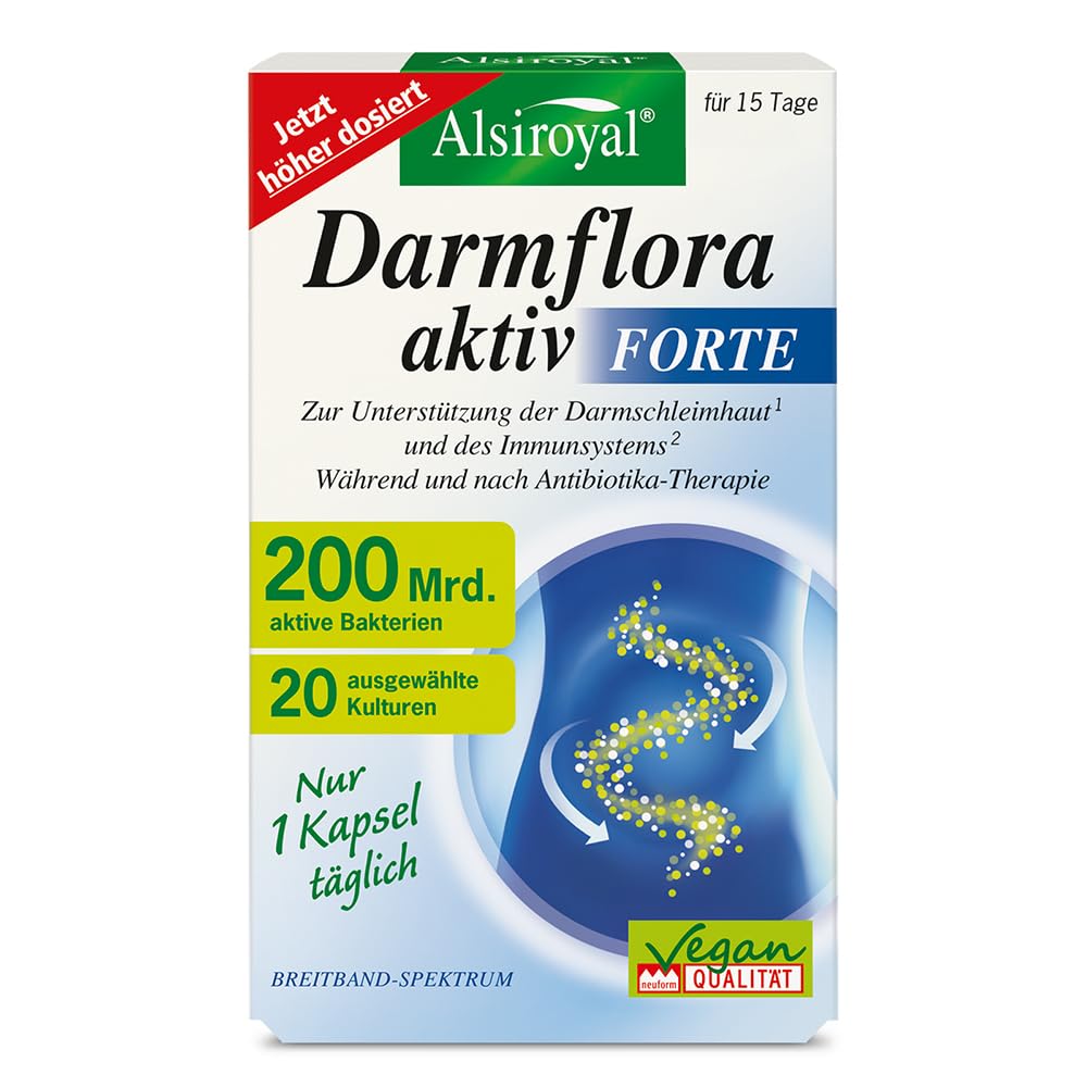 Alsiroyal Darmflora Aktiv Forte –200 Mrd. KBE pro Kapsel – Kulturen Komplex aus 20 Bakterienkulturen, Biotin & Folsäure