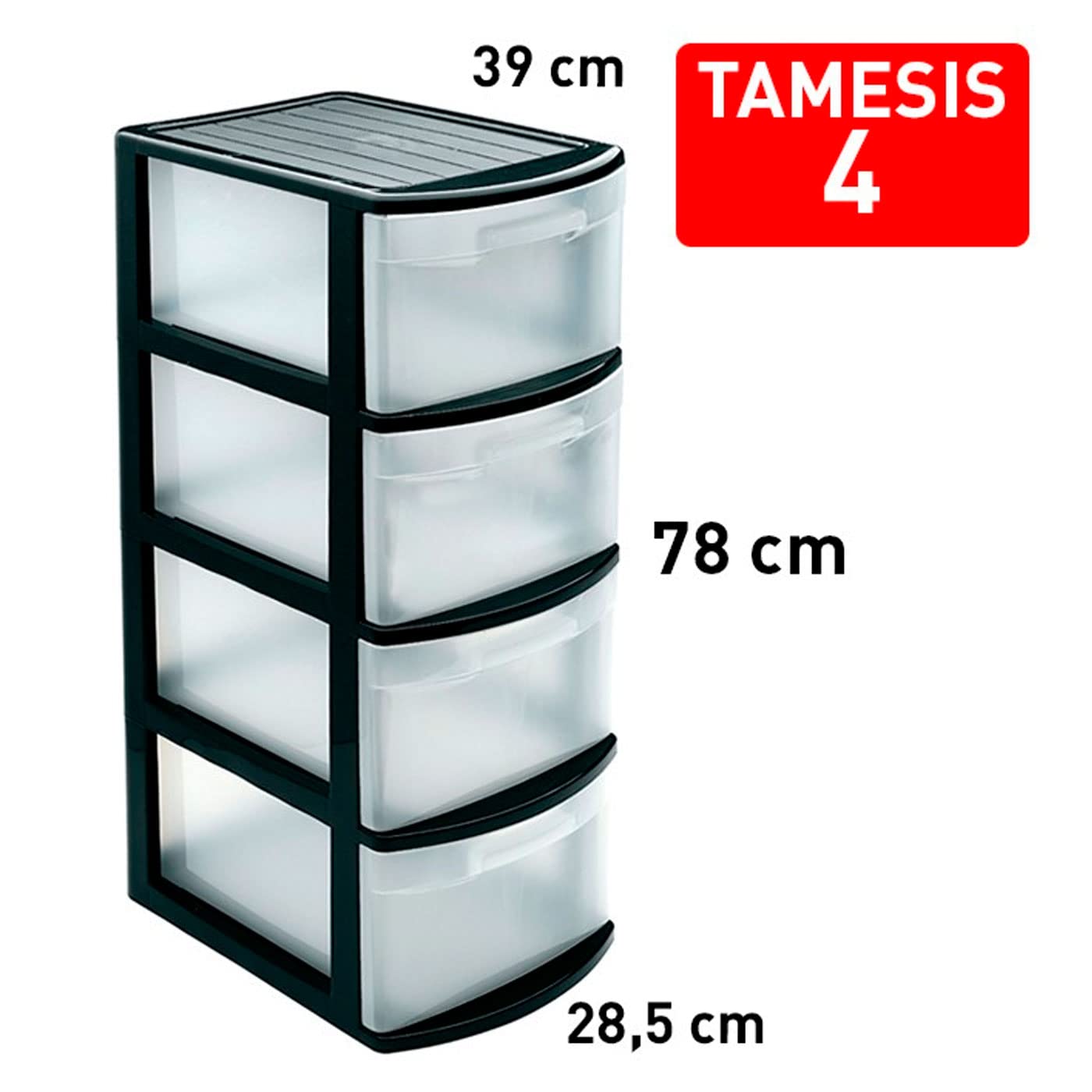 Acan Tradineur Cassettiera Tamigi, in plastica, 4 cassetti trasparenti, torre di stoccaggio, ufficio, casa (nero, 78 x 28,5 x 39 cm)