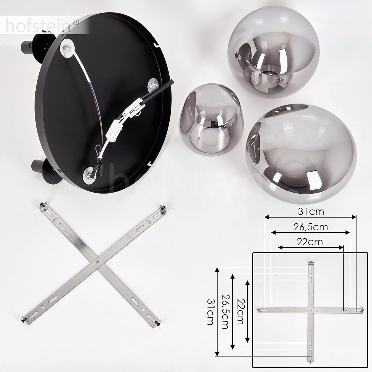 Deckenleuchte Zernez, Deckenlampe aus Metall/Glas in Schwarz/Rauchfarben, Leuchte im modernen Industrial-Design mit Schirmen aus Glas (Ø 19,5 cm; 22 cm; 14 cm), 3 x E14, ohne Leuchtmittel