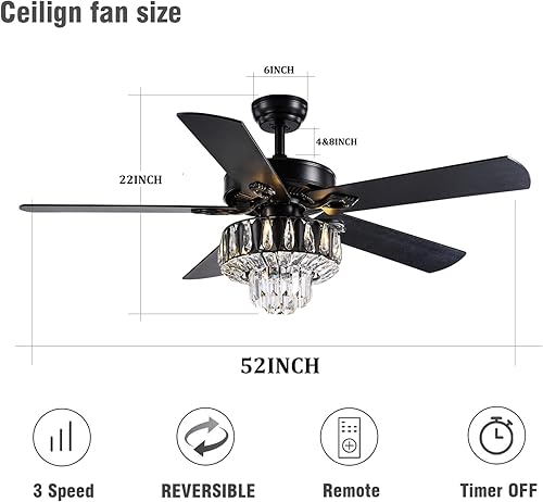 Miniatura 2 de Ventilador de techo de cristal de 52 pulgadas, control remoto, motor de silencio y 5 cuchillas reversibles de madera, ventilador de techo moderno de