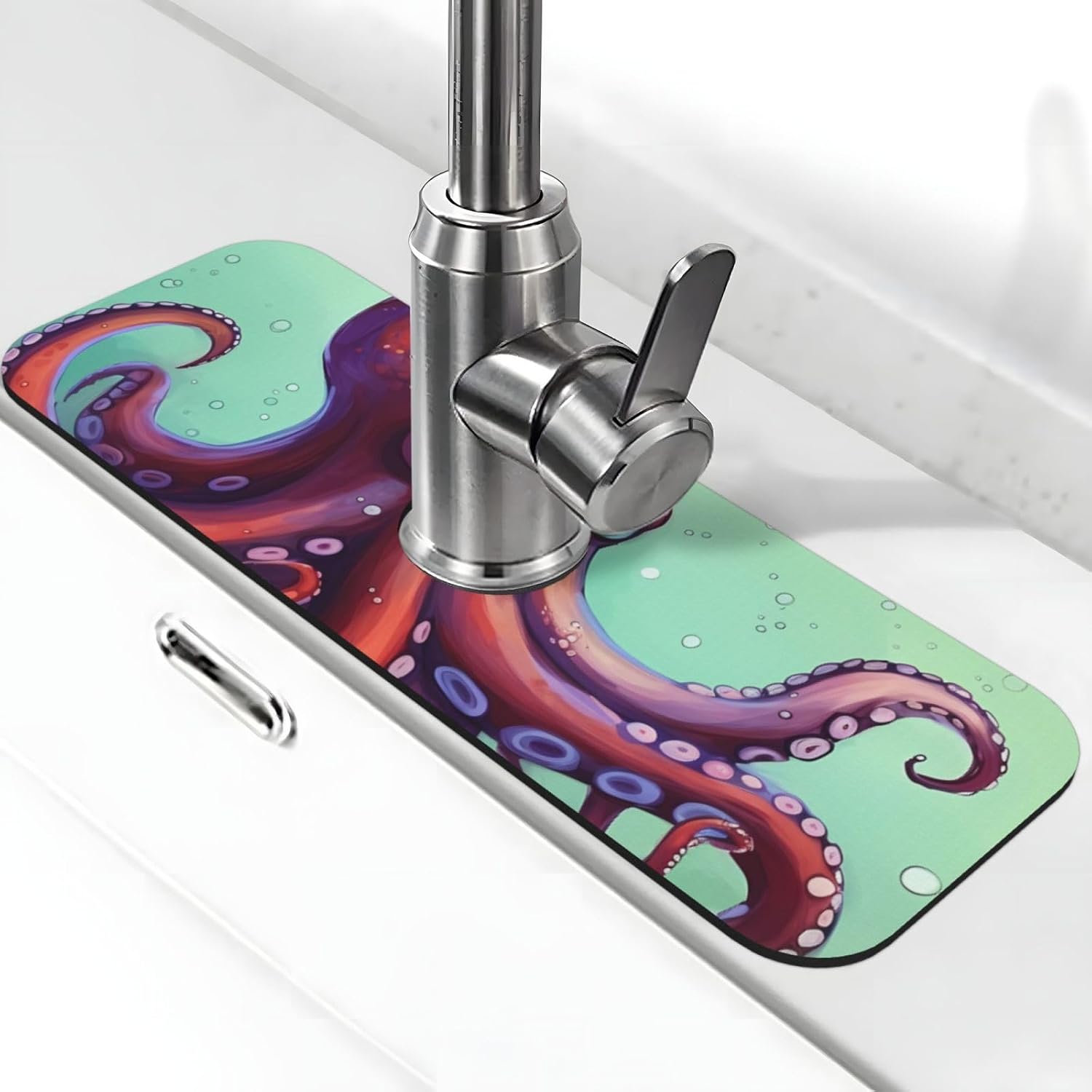Faucet Mat for Kitchen Sink, Super Absorbent Sink Splash Guard, Fast Drying Mat Cute Octopus Sink Gadgets Splash Guard Behind Faucet Drip Catcher for Bathroom, 15"x 5.5"
