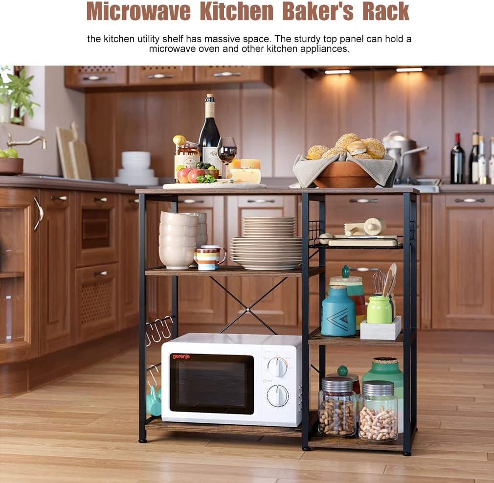 PayLessHere Baker’s Rack, Coffee Station, Microwave Oven Stand, Kitchen Shelf with Wire Basket, Utility Storage for Spices, Pots, and Pans, Rustic Brown. (Rustic Brown)