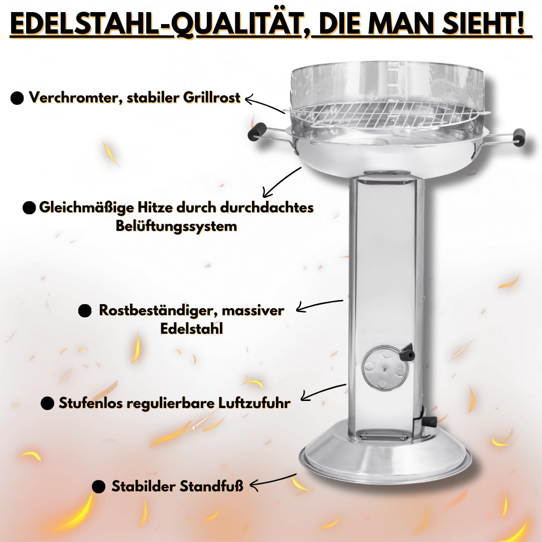 ACTIVA Holzkohlegrill Bavaria I Premium Holzkohle Grill aus Edelstahl mit hochwertigem & verchromtem Grillrost I Robuster Kohlegrill für ein einzigartiges Grillerlebnis