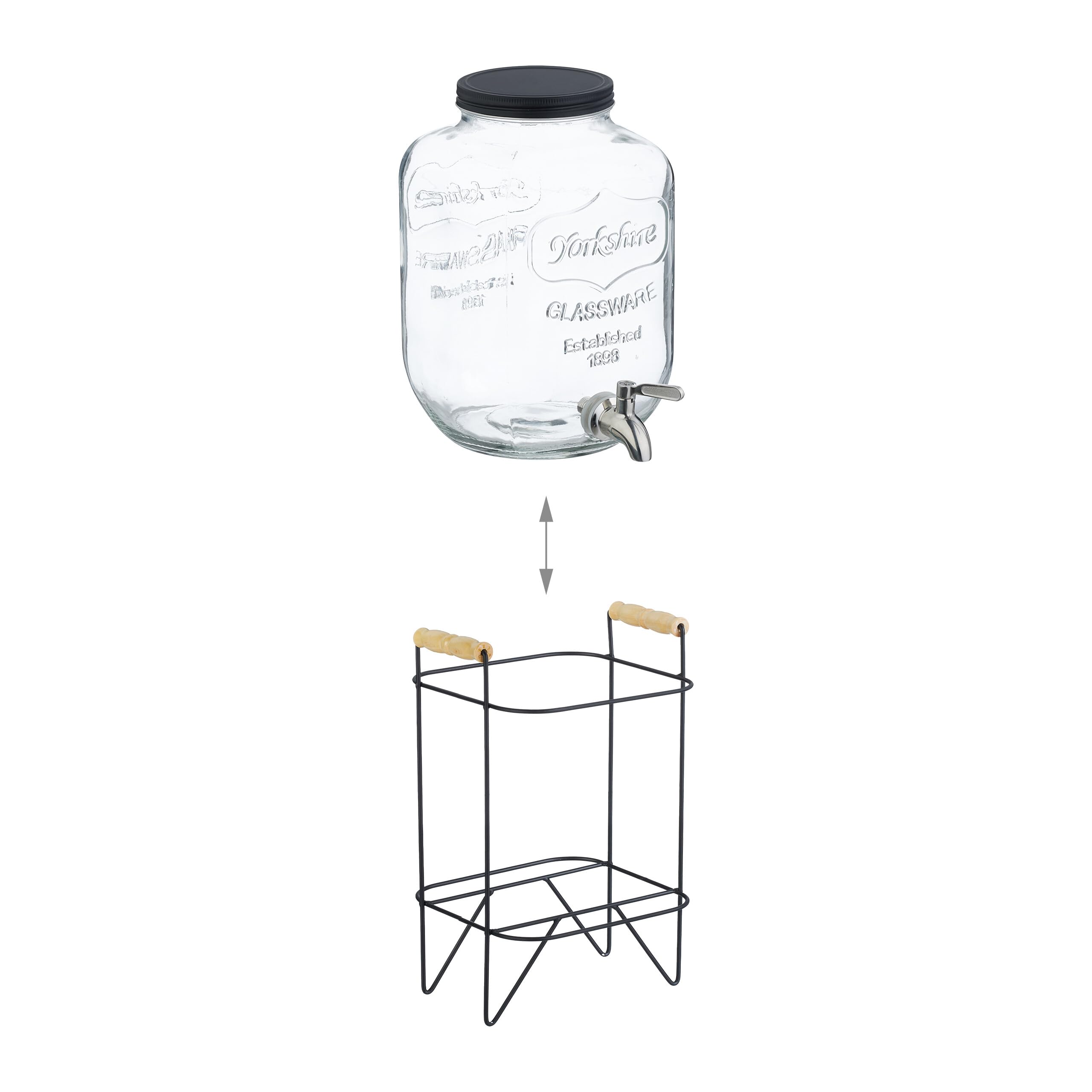 Relaxdays Dispensador Bebidas con Soporte, Recipiente Limonada 5 L, Grifo Acero Inoxidable y Tapa, Cristal, Transparente