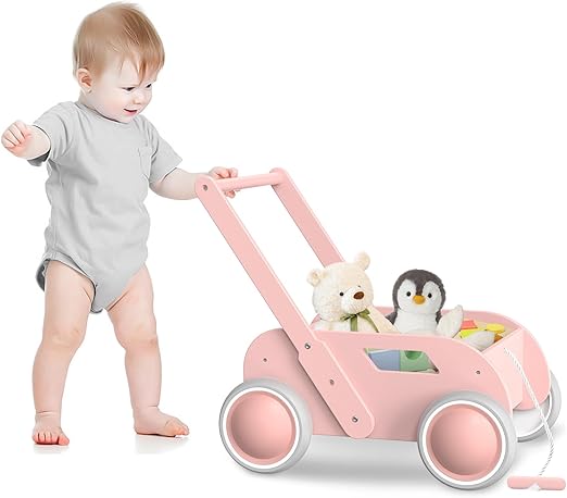 Wooden Baby Walker, Push and Pull Learning Walk Toys for Infants to Toddler, Walker with Wheels for Boys Girls, Gift for Birthday Christmas, Pink