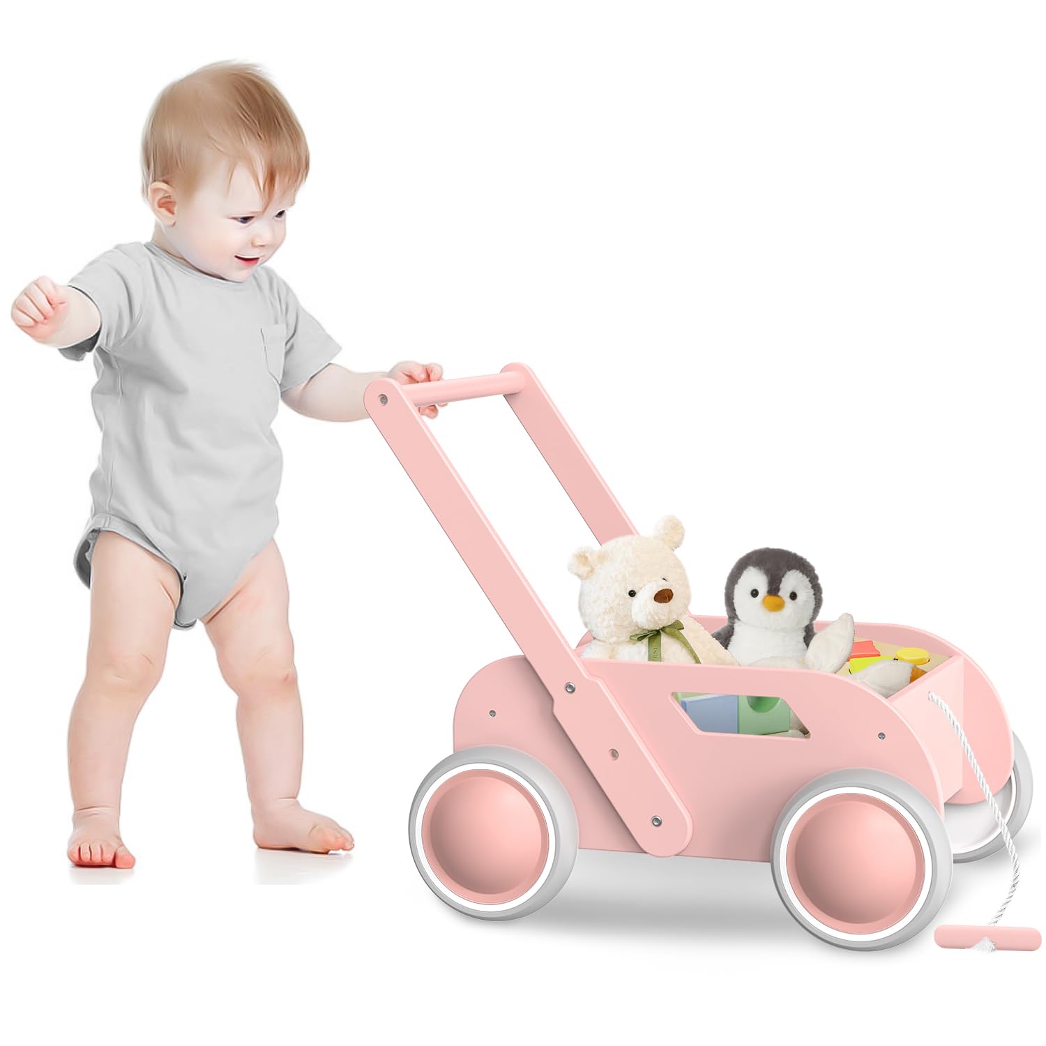Wooden Baby Walker, Push and Pull Learning Walk Toys for Infants to Toddler, Walker with Wheels for Boys Girls, Gift for Birthday Christmas, Pink