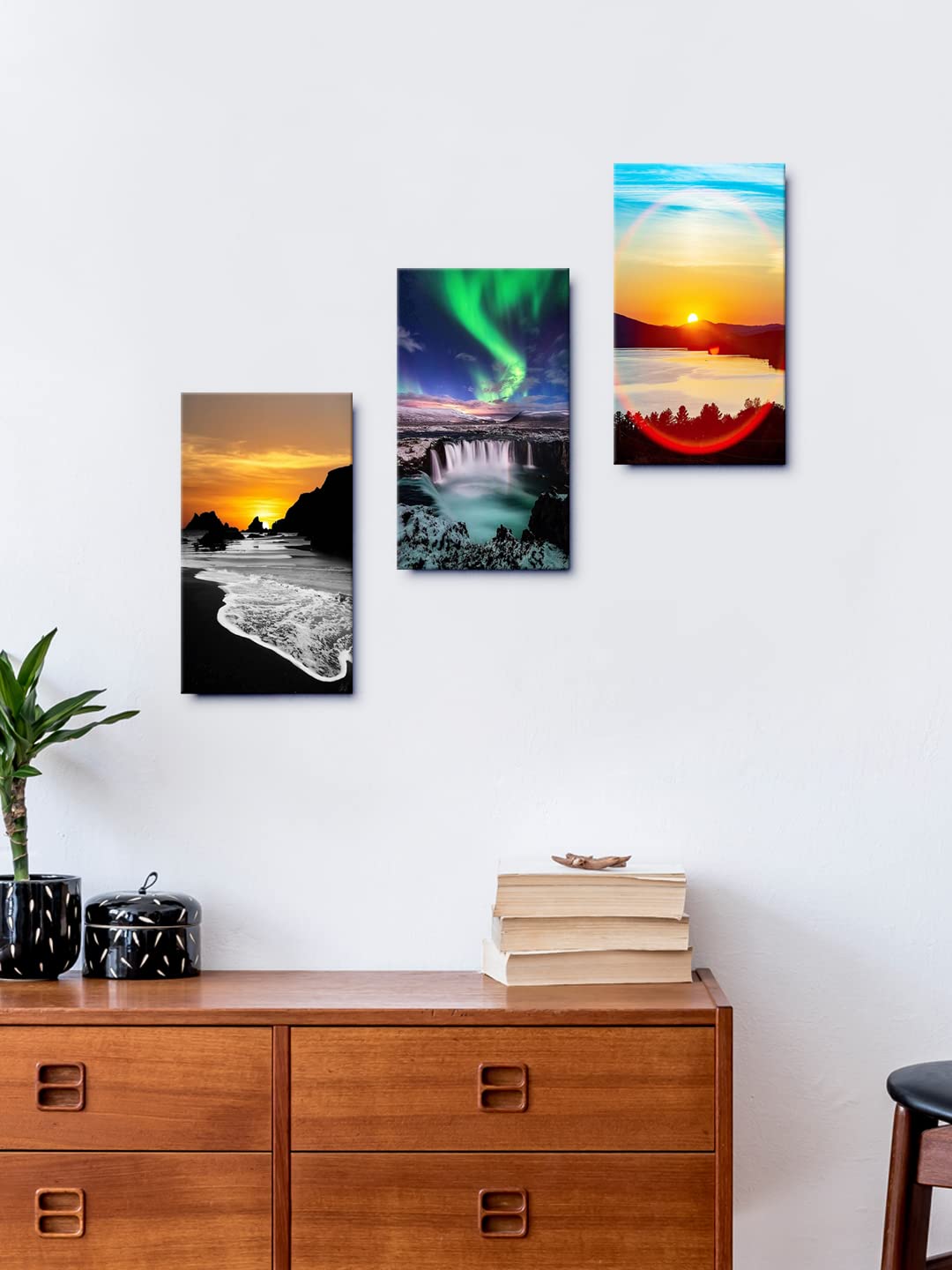 999Store Waterfall At Sunset With Mountain home room décor framed stylish modern wall frames art for living (Set of 3 Panels Paper Print 24X15 Inches) MDF3Frames002