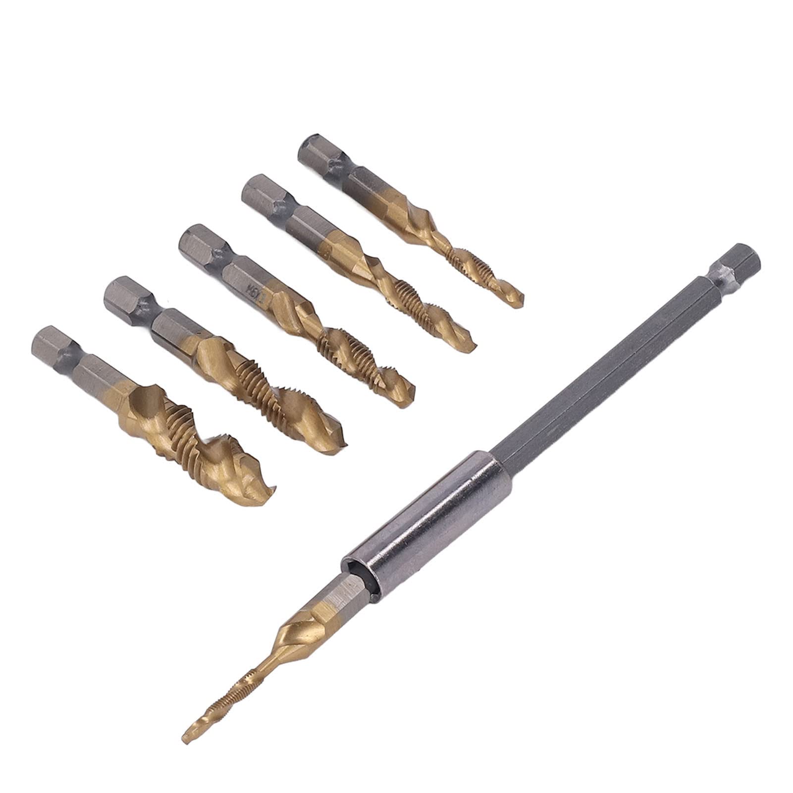 Respicefinem Drill Tap Set Combined Bit Hex Shank Spiral Metric M3 to M10 for Steel Aluminum Sheet Metal Thin Plate Silver High Speed Steel Suitable for Drilling Tapping and (Gold)
