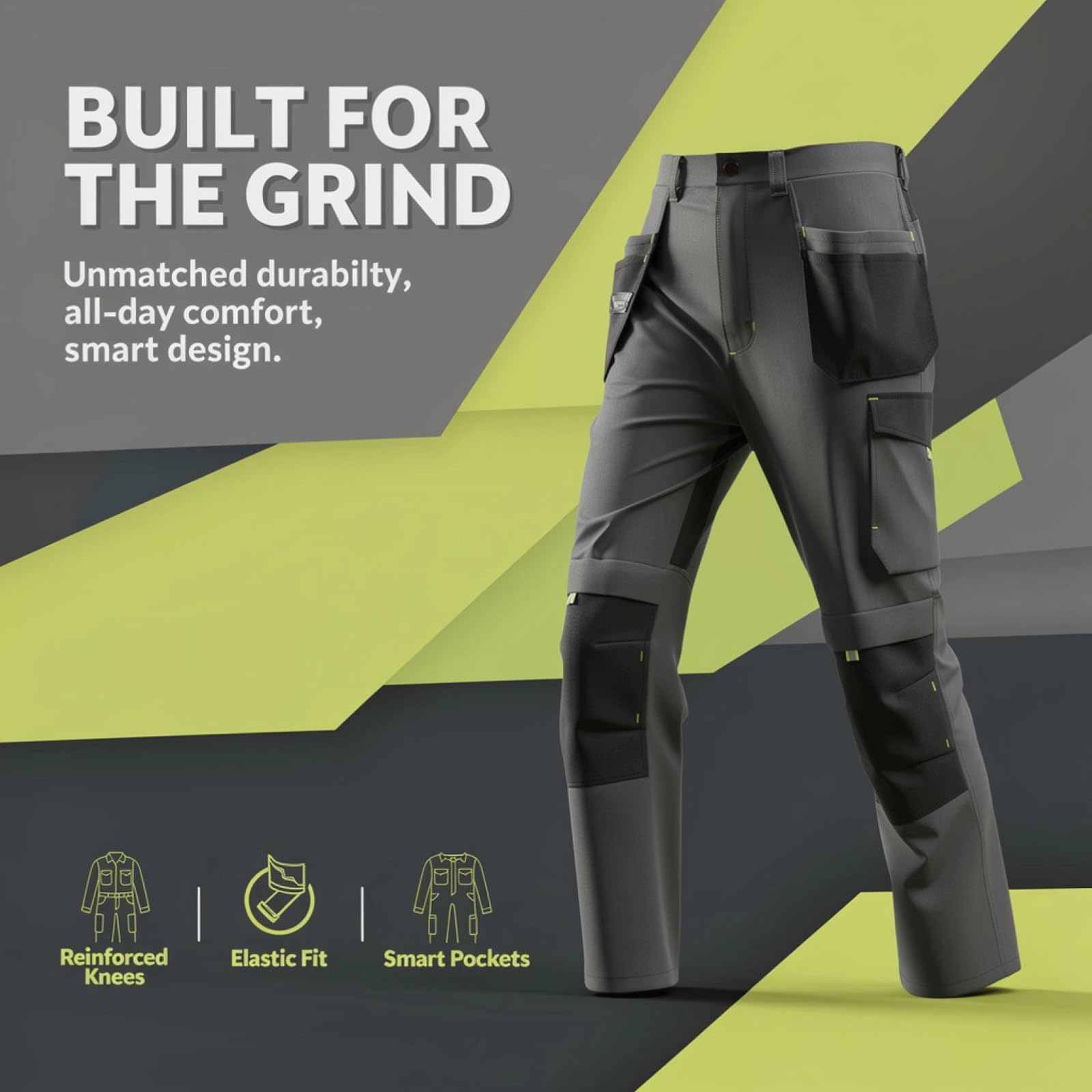 Pantaloni da lavoro cargo da uomo, vita elastica, ginocchia rinforzate, multi tasca, pantaloni da lavoro grigi
