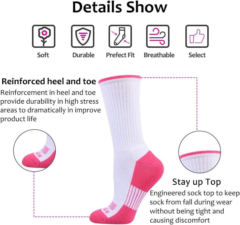 JOYNÉE Womens-Crew-Athletic-Socks Cushion Running Socks with Moisture Wicking for Sports and Daily Wear 6 Pairs