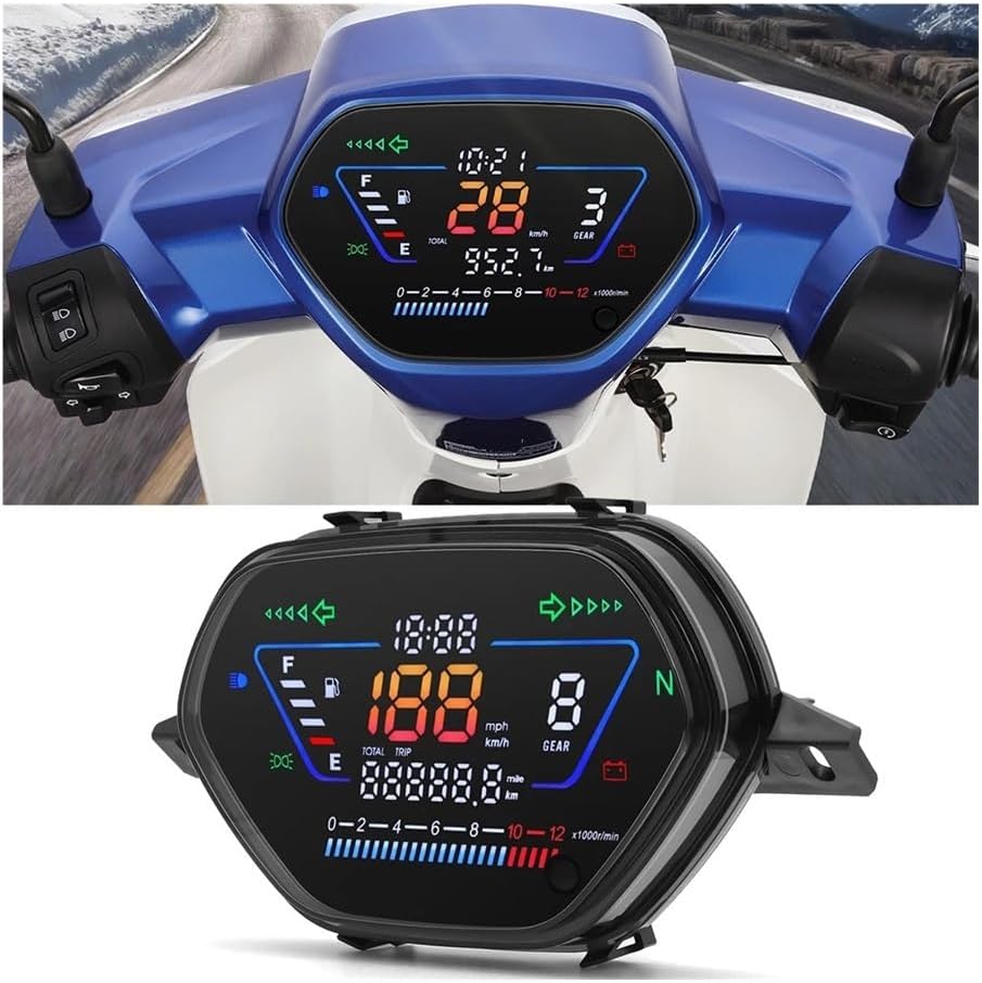 Speedometer Gauge Motorcycle Digital Instrument Dashboard LED Speedometer Tachometer Voltage Fuel Gauge Odometer Gear for Wave C100 CD10