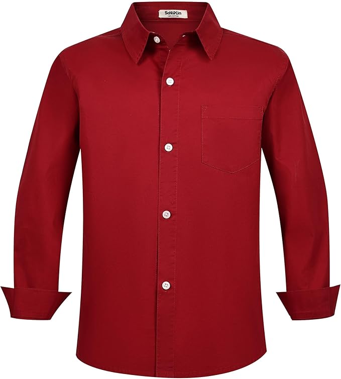 Boys' Long Sleeve Dress Shirts Pure Cotton Kids Button-Down Shirt School Uniform Shirts 7-16 Years