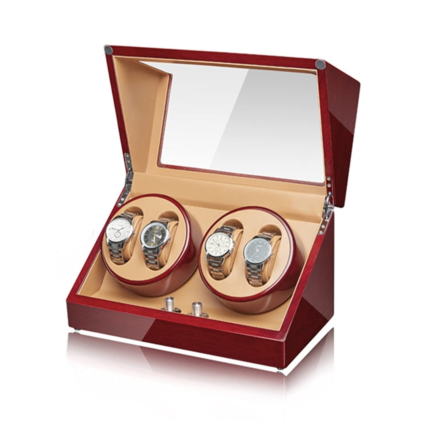 Uhrenaufbewahrungsbox für 2/4 Automatikuhren, mechanische Uhrenaufbewahrung mit leisem Motor, flexiblem Uhrenkissen, Acrylglas, Holzgehäuse, Klavierlack-Finish, 4+0, 4+0,，4+0