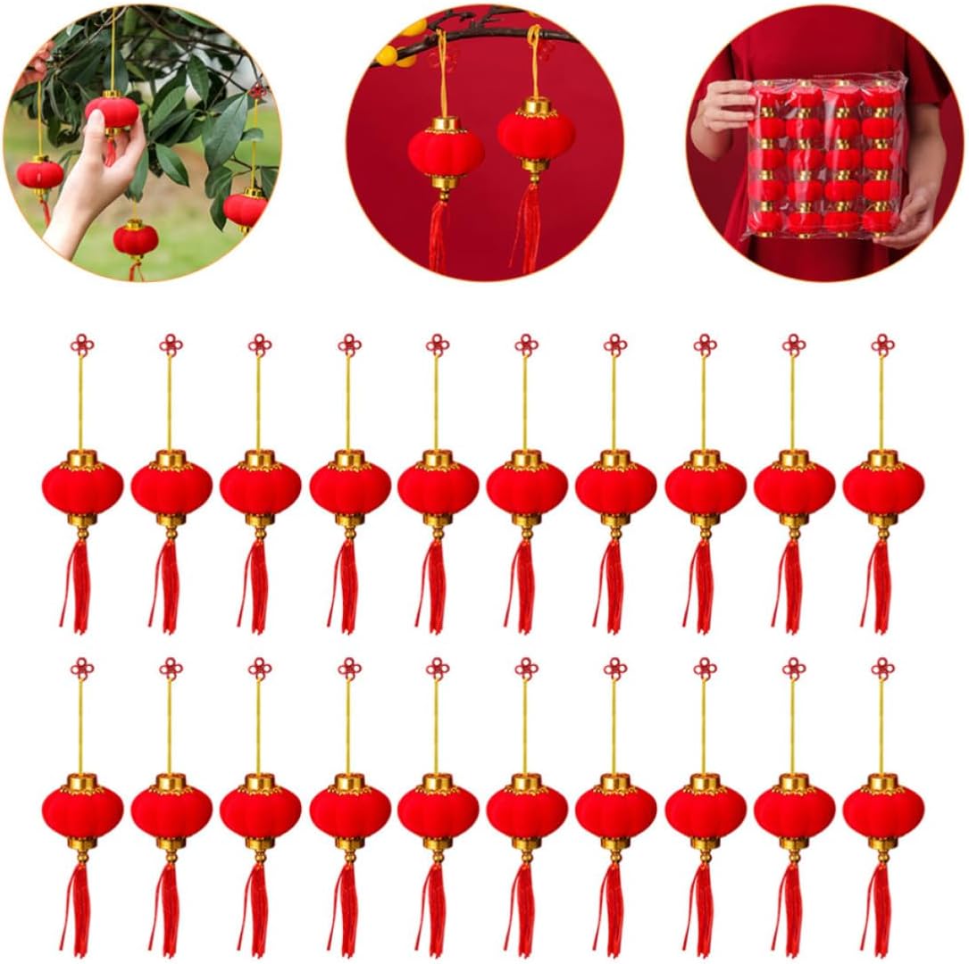 20pcs Red Lantern Hanging Ornament with Flocking Cloth Tassels
