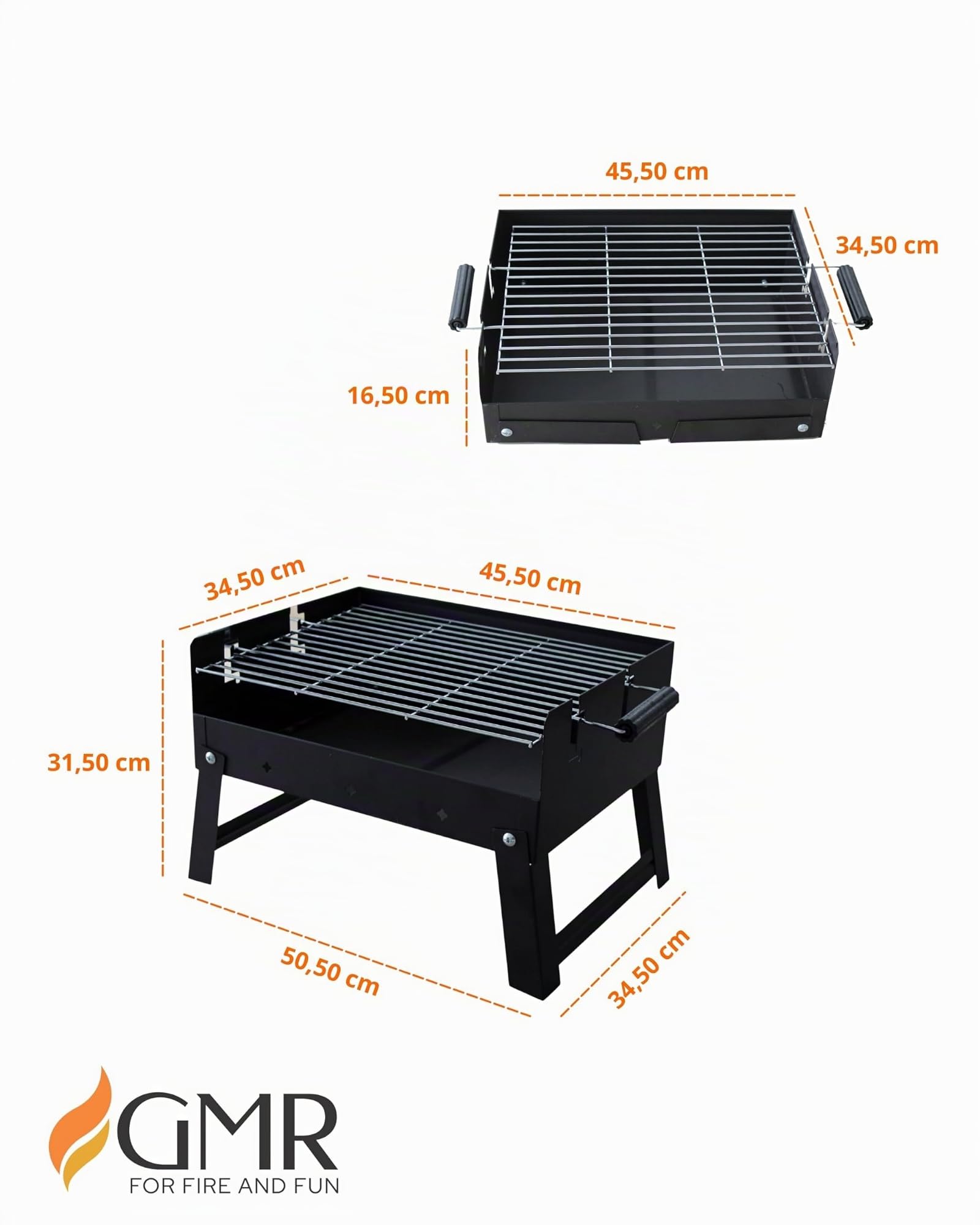 Barbecue Carbonella Portatile GMR Trading - Griglia Acciaio 45,5x35cm, Gambe Pieghevoli, Maniglie Laterali, Compatto per Tavolo, Balcone, Campeggio, BBQ da Esterno