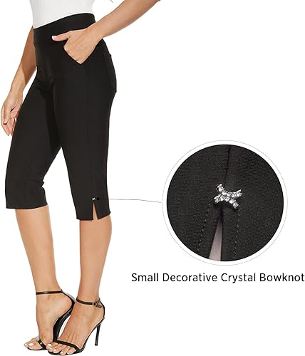 Miniatura 3 de Ginasy Pantalones Capri para Mujeres Casuales de Verano Elegantes de Ponerse Elásticos de Cintura Alta Recortados de Trabajo Leggings con Bolsillos