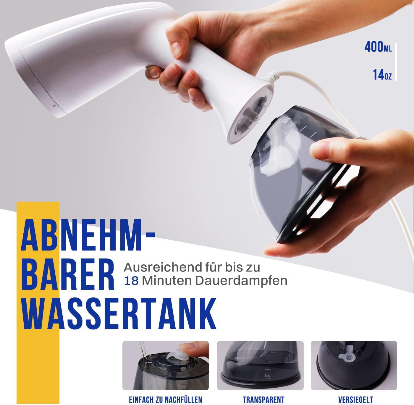 Rolipo Dampfglätter 1640W, 400ML Steamer Wassertank Dampfbürste Faltenentferner, für Zuhause, Büro, Reisen, Weiß