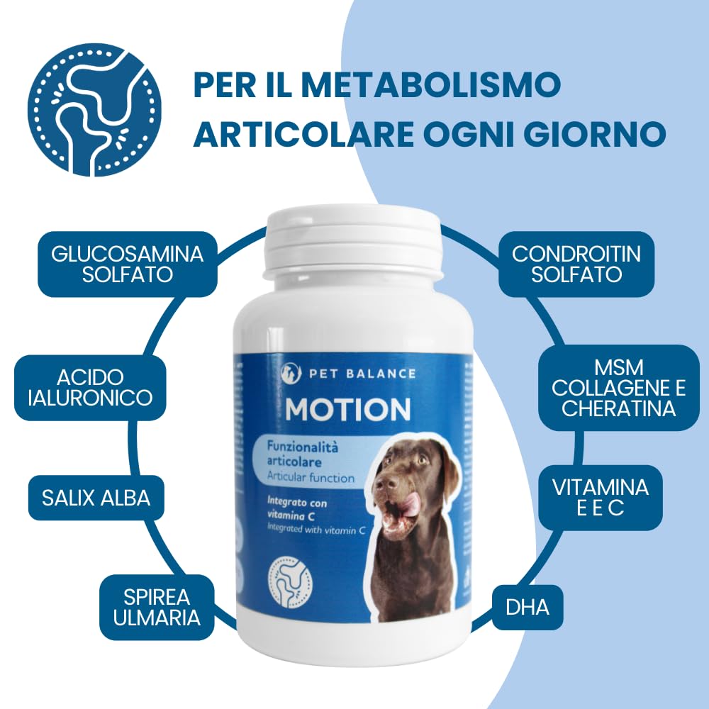 Pet Balance by Tecnozoo - Motion - Mangime Complementare per la Funzionalità Articolare - con Glucosamina solfato e Condroitin solfato (20%), Vit. E e C Fonte di MSM e DHA, 180 g 120 Compresse