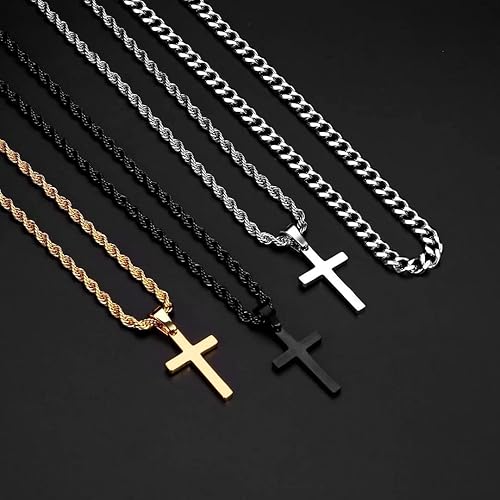 Miniatura 5 de Ursteel Layered Cross Necklace for Men - 18K Gold Silver Black Stainless Steel Mens Cross Necklaces Cross Chain, Layered Rope Chain Cross Necklace