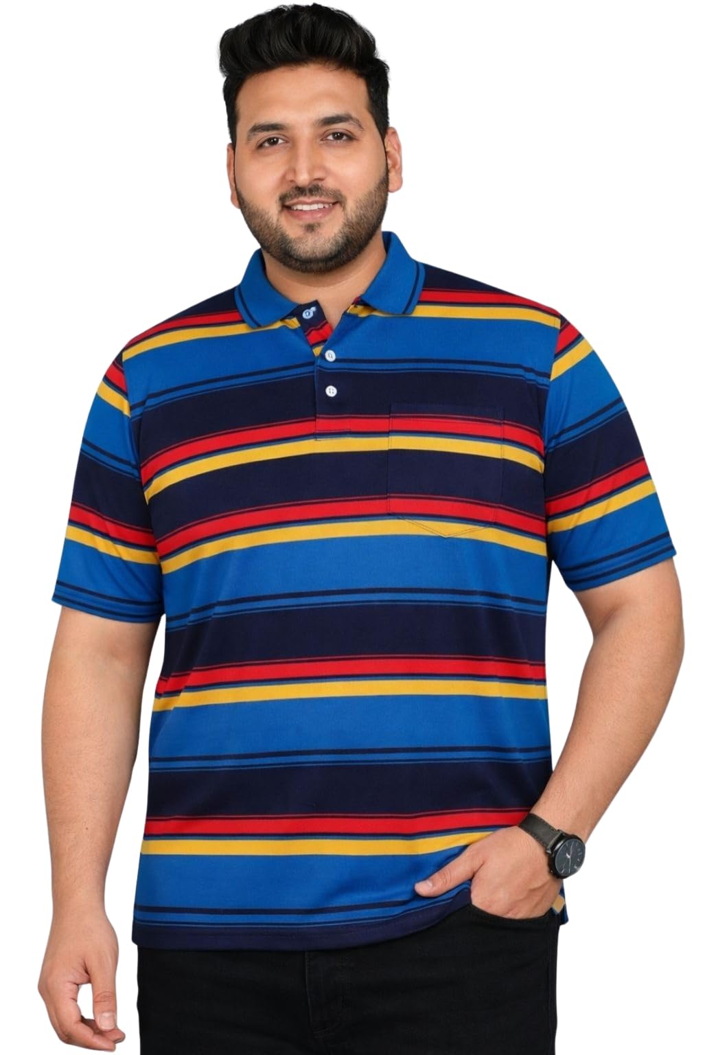 Plus Size - Men Striped Polo Neck Tshirt-image-13