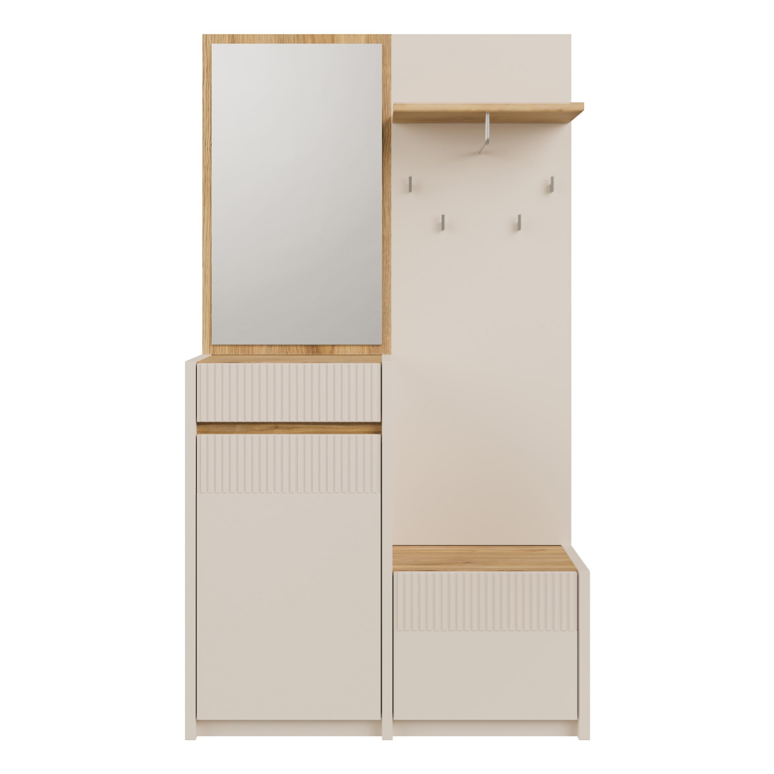 Forte Oak SQUERE Garderobe 100 110, Elegante Garderobe mit Spiegel, Kleiderstange und Aufbewahrung, Holzwerkstoff, Mauvella Eiche Holzdekor/Sand, 108,4 cm breit x 195,9 cm hoch x 41,7 cm tief