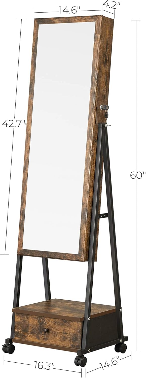 SONGMICS Jewelry Cabinet Floor Standing, Lockable Jewelry Organizer with High Full-Length Mirror, Bottom Drawer, Shelf, Wheels, Rustic Brown and Black UJJC004X01 : Everything Else