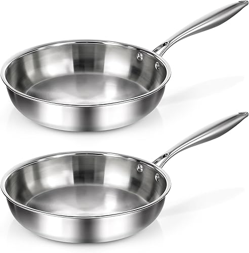 Juego de sartenes de acero inoxidable de tres capas, 2 sartenes de 10 pulgadas sin revestimiento con mango que se mantiene fresco, juego de sartén,