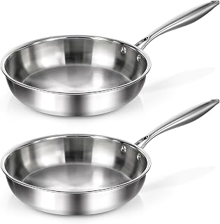 2 Pieces 10 Inch No Coatings Frying Pan with Stay-Cool Handle, Egg Pans, Tri-Ply Stainless Steel Frying Pan Set, Skillet Set, Classic Cooking Pan Cookware, Dishwasher and Oven Safe