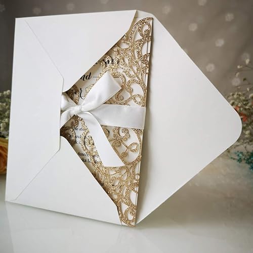 Miniatura 7 de Kit de invitaciones de boda de 5.12 x 7.28 pulgadas, 50 unidades de oro en blanco, con purpurina, cortadas con láser, tarjetas de invitación de
