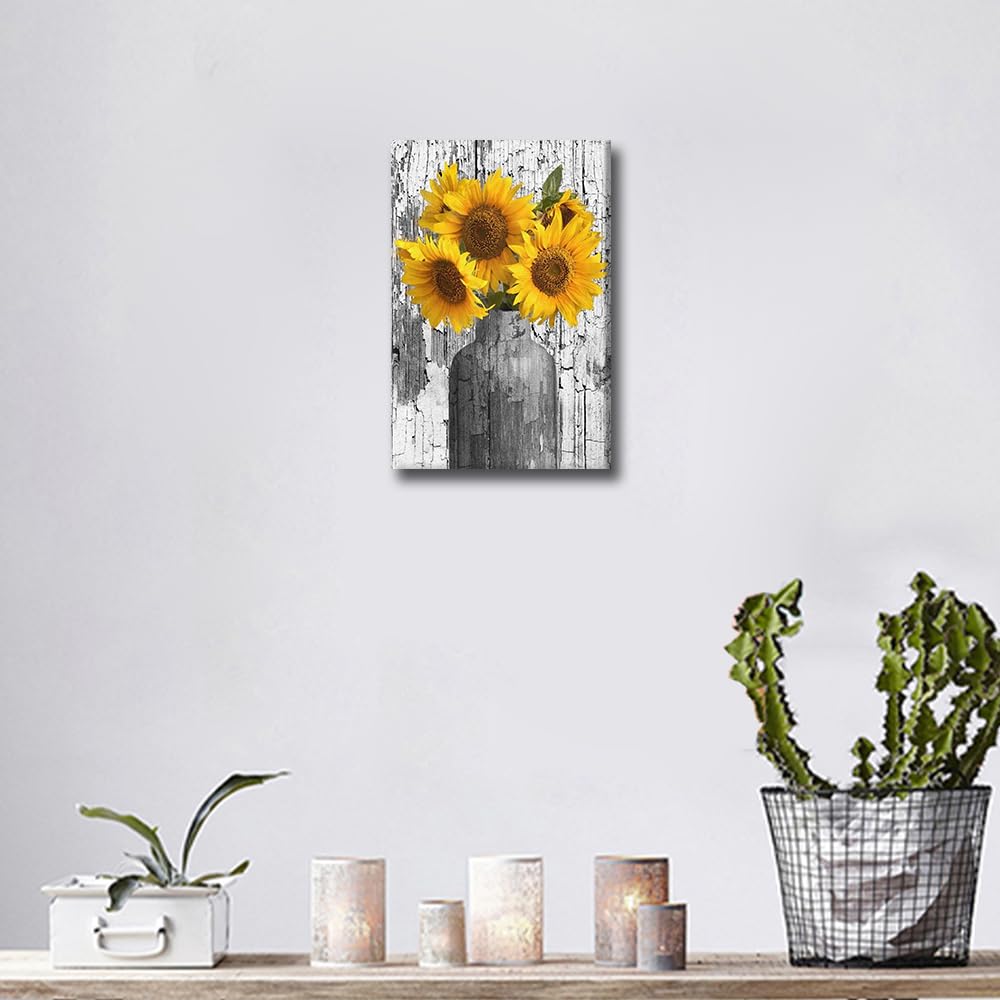 TISHIRON Rustic Yellow Sunflower in Vase Black and White Farmhouse Cottage Countryside Canvas Wall Art Prints Framed Picture Photo Painting Home Decor Ready to Hang 24"x16" - Image 2