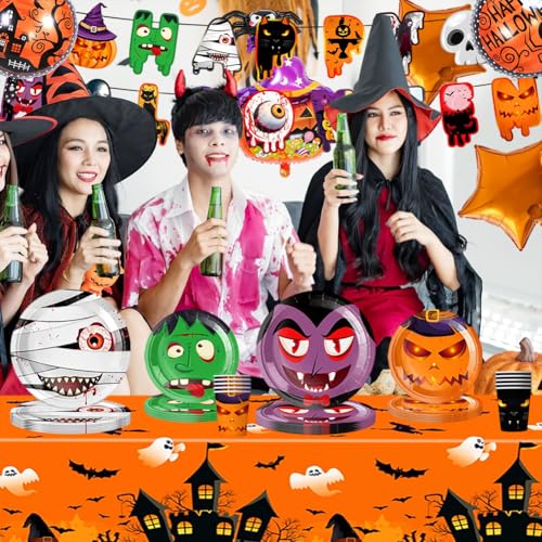 Halloween Party Tableware Set for 10 Halloween Paper Plates & Balloons Kit with Plates,Cups,Napkins,Tablecloth, Banner & Foil Balloons Trick-or-Treat Theme Party Supplies for Kids & Adults - Image 6