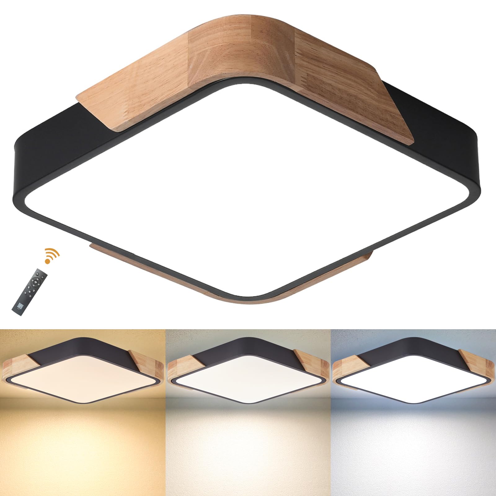 Lampa sufitowa LED, Ściemniania 3000-6000K, 24W Drewniane Nowoczesne Lampy Sufitowe z Pilotem Zdalnego Sterowania do Kuchni Salonu Sypialni Jadalni Restauracji Korytarza Balkon Biuro,30CM