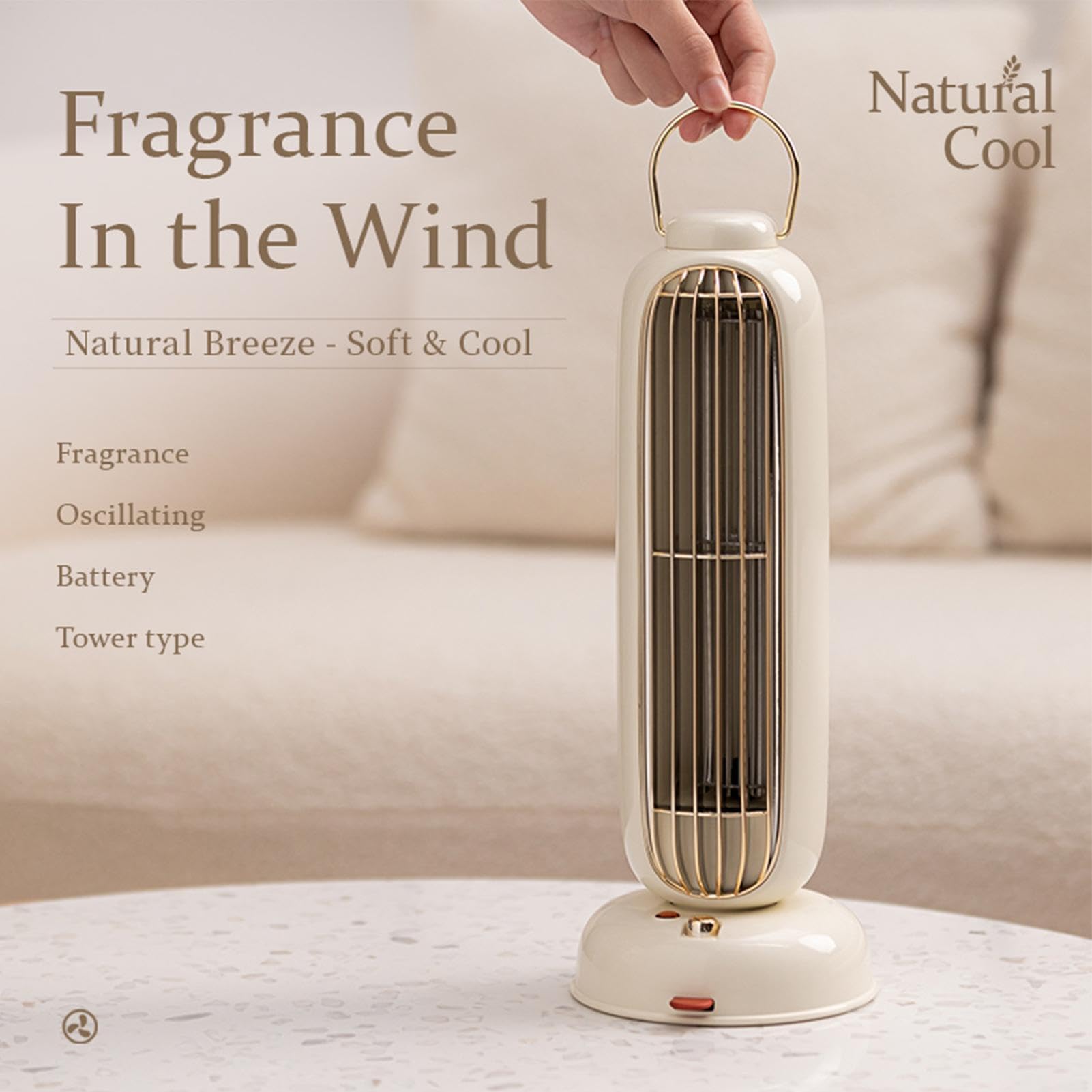 Ventilador de torre portátil – 15×16.5×33cm de | Columna sin aspas | Oscilante inteligente, batería 2000-4000mAh, 3 velocidades, silenciador para dormitorio, oficina, sala de estar, hogar