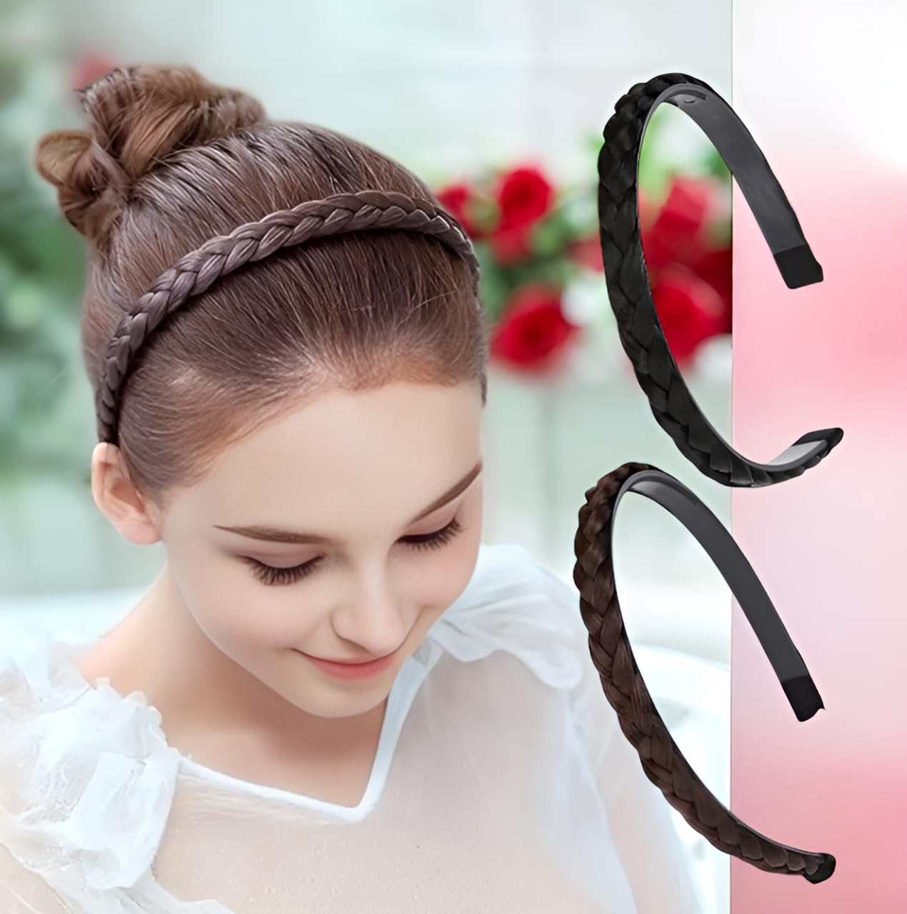 2 Pcs Synthetic Hair Braided Headband Classic Chunky Wide Plaited Braids Hairpiece Women Girl Beauty Accessories Hairpieces Hair Band Hair Hoop Hair Accessories (Black, Brown)-image-40
