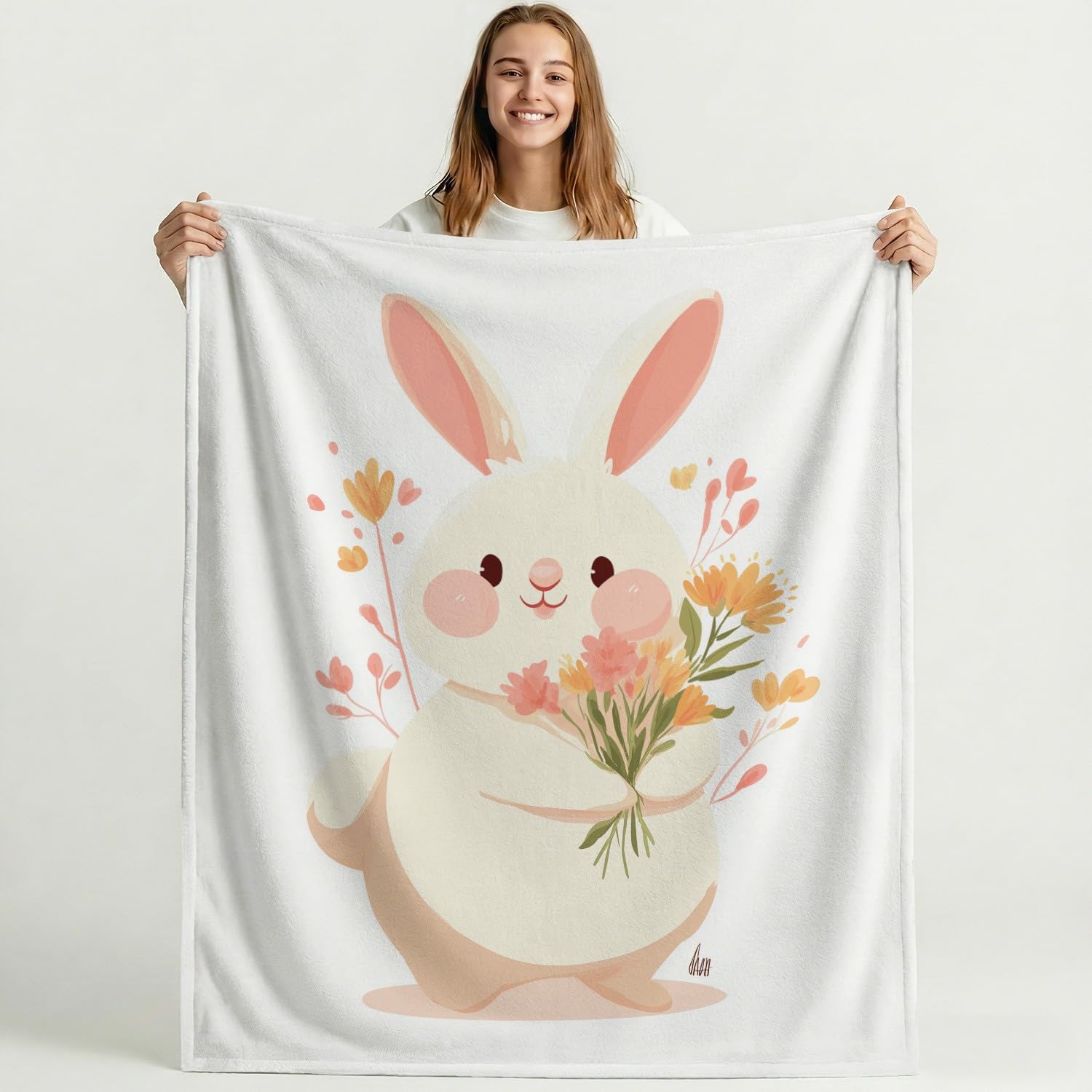 Generisch Koc z kreskówki 150 x 180 cm – bardzo gruby i miękki, biało-beżowy, minimalistyczny, świeży królik, puszysty koc do salonu, na sofę, do sypialni i na łóżko
