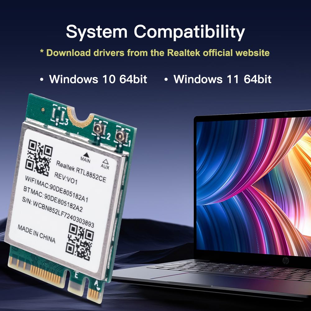 RTL8852CE Carte Wi-Fi 6E, 5374 Mbps Tri-Band 6 GHz/5 GHz/2,4 GHz M.2 NGFF Adaptateur avec Bluetooth 5.3 pour ordinateur portable PC Windows 10/11