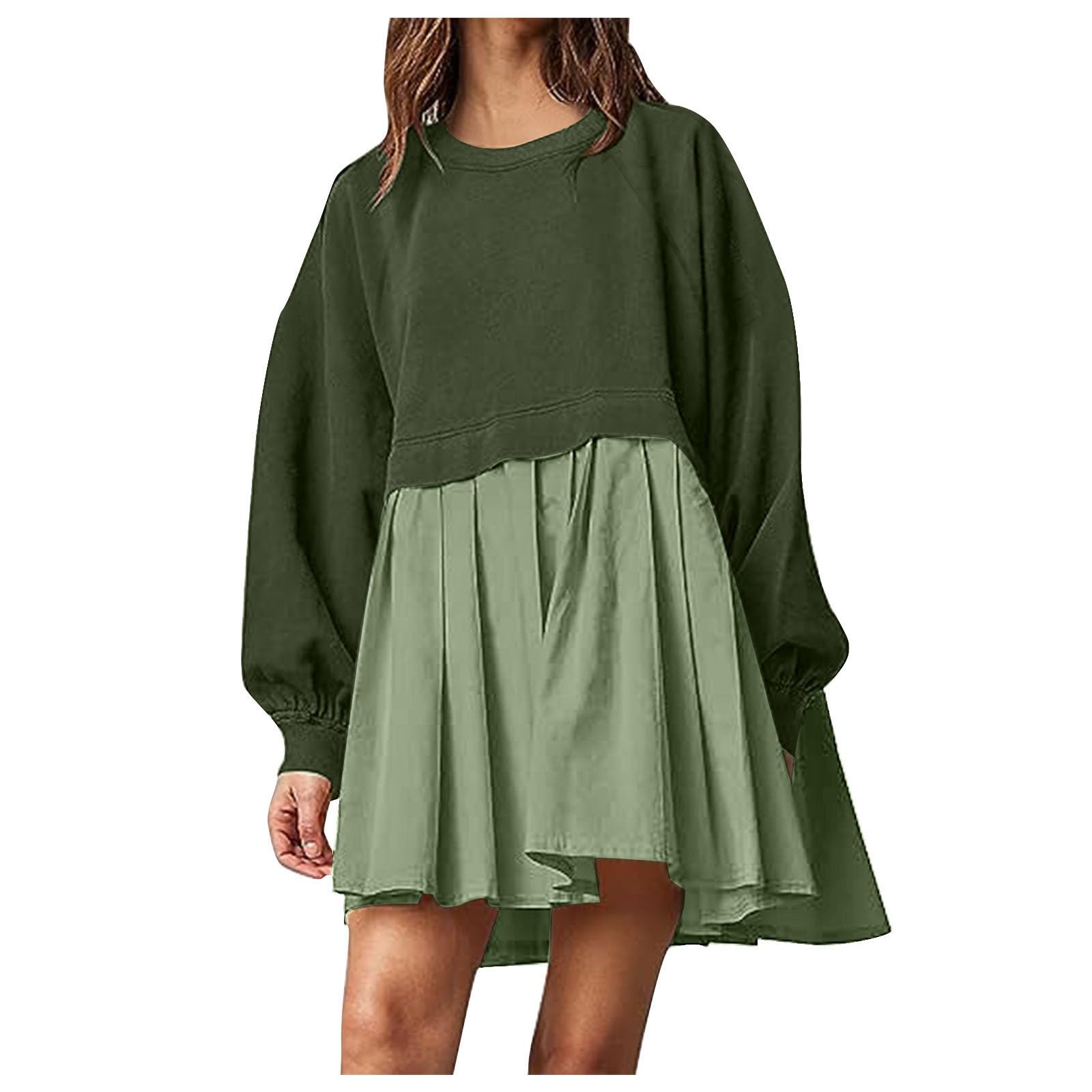 TAPIYANGWomen's Flowy Pleated Sweatshirt Mini Dress Oversized Sweatshirt Dress Patchwork Crewneck Long Sleeve Pullover Tops