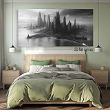 ZESTRILIA Dystopian Cityscape Canvas Wall Art for Living Room Office Contemporary Panoramic Elegant Canvas Artwork Bachelor Pad Room Décor