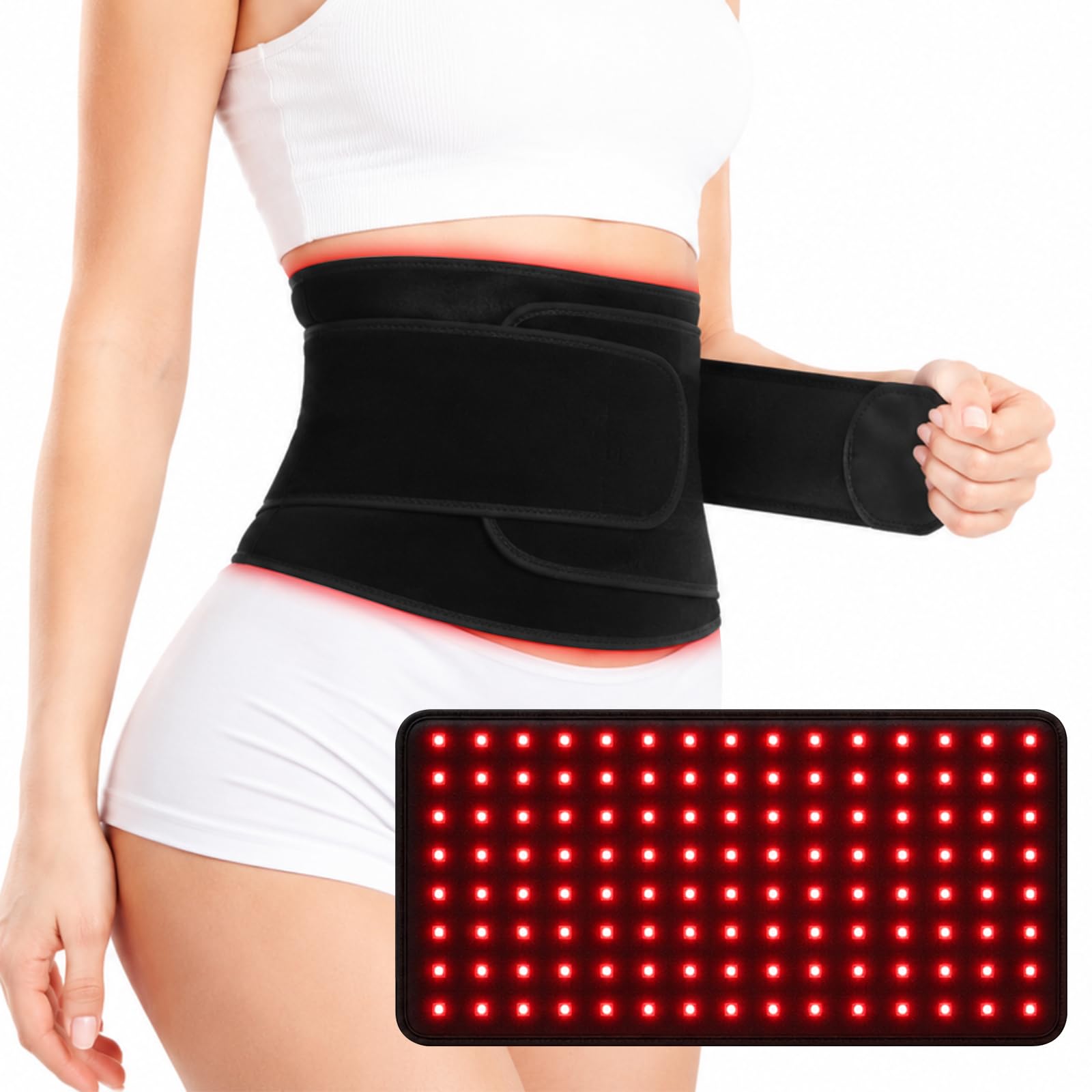 Cintura terapeutica con lampada a luce rossa, 120 LED, 3 in 1, a infrarossi, 660 nm e 850 nm, con 5 livelli di massaggio di vibrazione, modalità di impulso da 10 Hz, per il dolore alla schiena, spalle
