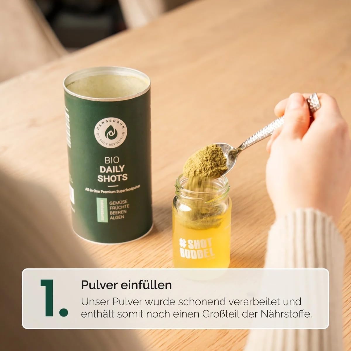 Hansegrün - Bio Daily All-in-one Shots (60 Stk.) - Superfood-Pulver für Immunsystem¹, Anti-Müdigkeit², Haut⁷ & Zähne⁴ - Antioxidative Wirkung⁵ - 100% echte Zutaten zur schnellen Zubereitung