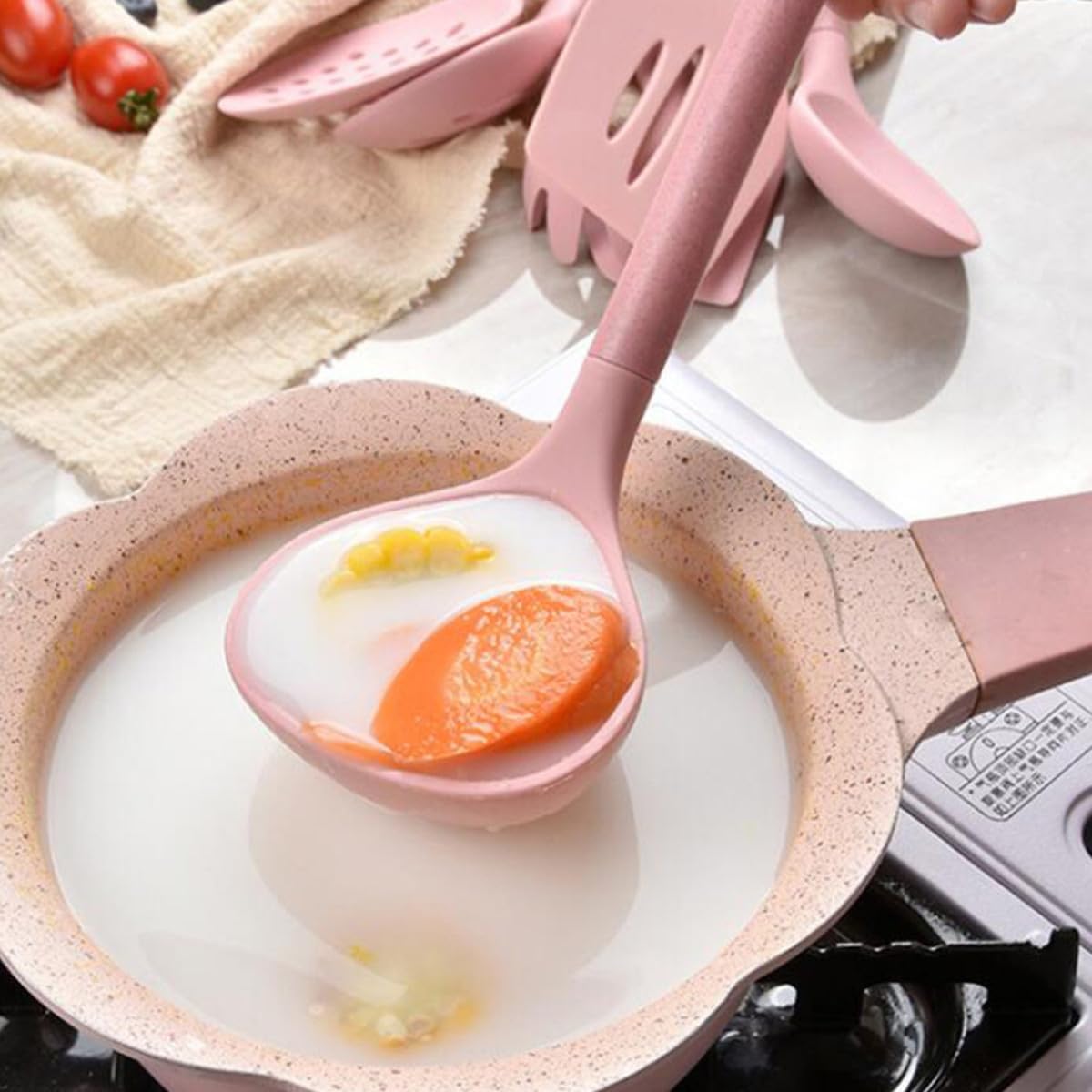 Luxshiny Silicone Kitchenware Utensil Set 8pcs with Wooden Handles, Pink Food-grade Silicone Cooking Tools for Household Kitchen Use with Storage Bucket