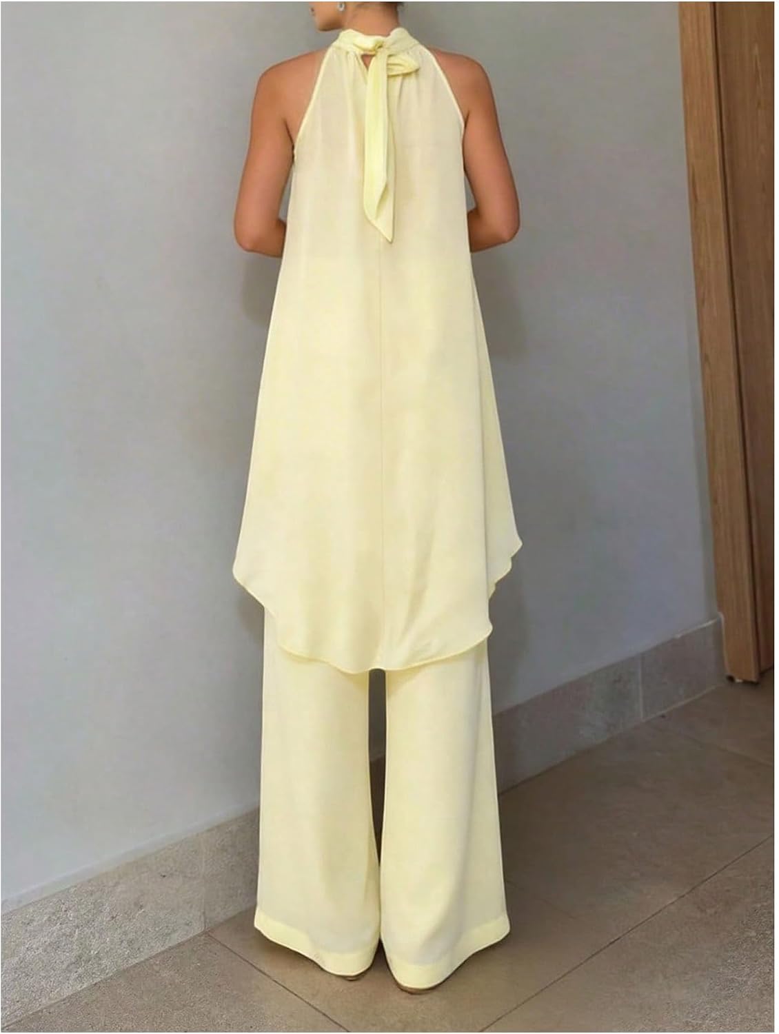 MakeMeChic Women's 2 Piece Sets Asymmetric Halter Tank Tops Wide Leg Pants Beach Vacation Outfits