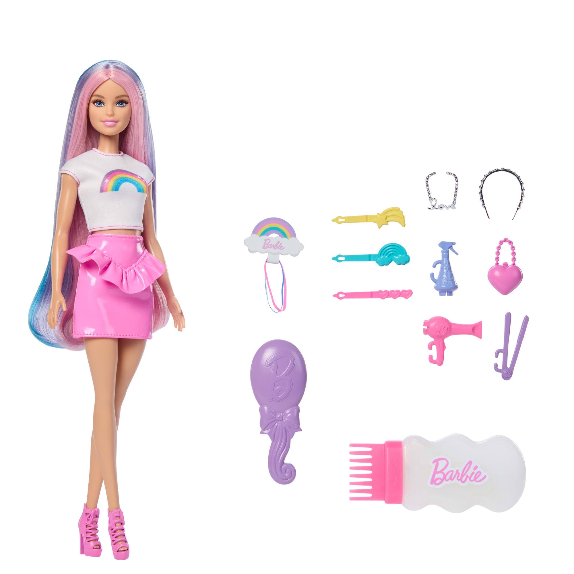 Barbie Regenbogen-Glitzerhaar Puppe, besonders Lange und Bunte Haare mit 12 Styling-Zubehörteilen wie Glitzergel-Tube, Haarbürste, Haarspangen, Föhn und mehr, JJP07