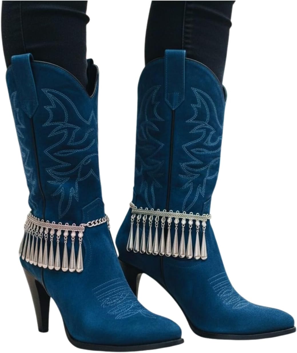 TrendyFashionJewelry Women's Silver-Tone Boot Chain Anklets With Long Dangle Drop Fringe, Pair Boot Jewelry For Rodeo Line Dance Festival Looks BC243