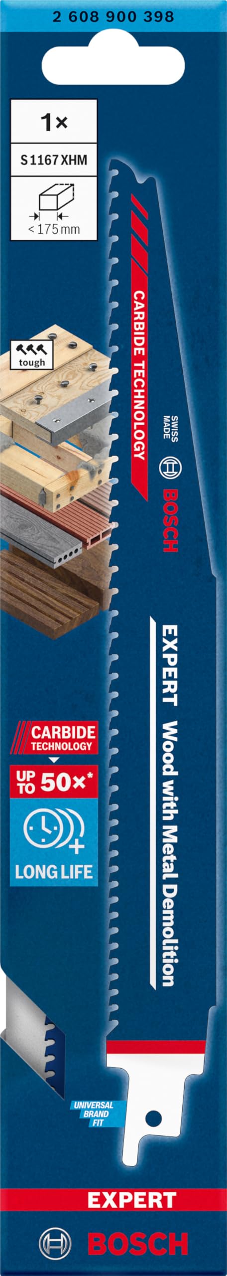 Bosch Professional 1x Hoja de sierra sable Expert `Wood with Metal Demolition` S 1167 XHM (para Madera con metal duro, Longitud 225 mm, accesorios Sierra sable)