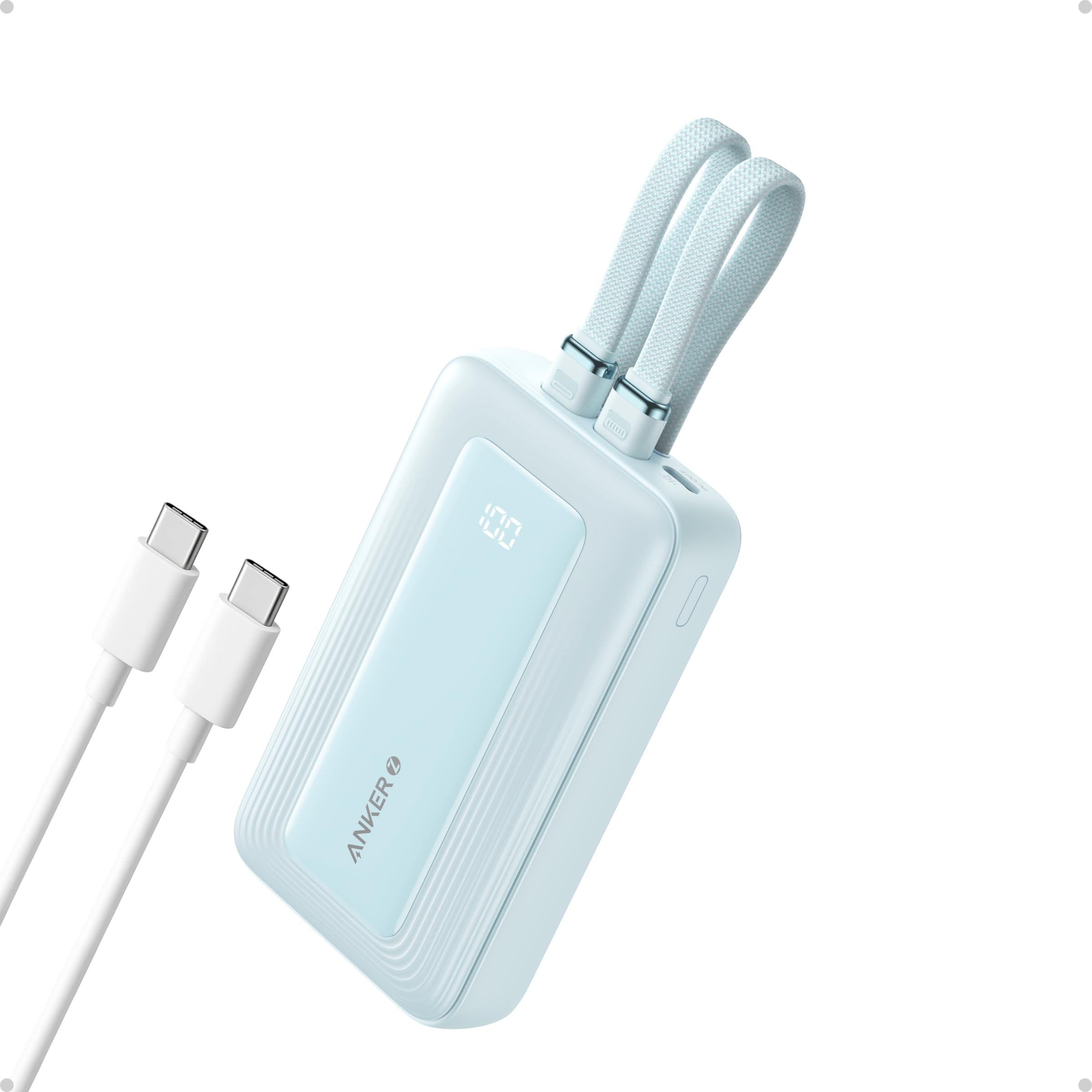 AnkerZolo Power Bank, 10,000mAh 30W Max Fast Portable Charger with Built-in USB-C and MFi Certified Lightning Cables, USB-C&A, Battery Pack for iPhone 16/15 Series, MacBook, GalaxyClimatePartner certified