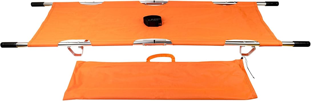 LINE2design Medical Emergency Folding Portable Stretcher with Heavy Duty Handles, Carrying Case and Straps - EMT Backboard Ambulance Folding Stretcher, Secure Patient Transport Mover - Orange