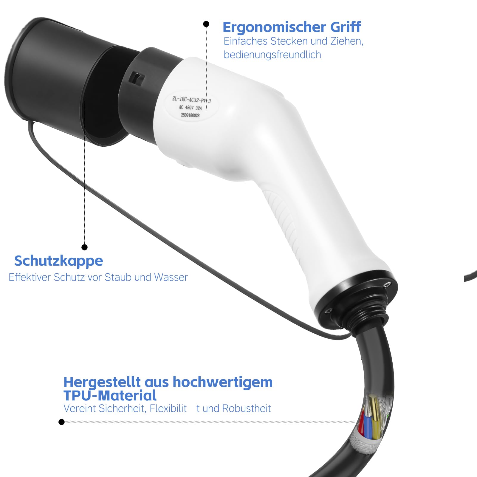 TopAutoGear Typ 2 Ladekabel 22kW 8m 32A 3-Phasen Mode 3 Ladekabel Typ 2 mit Tragetasche für EV/PHEV - E-Auto geeignet für Model X/Y/S/3, e-Golf, ID.3, i3/i8, IP65 wasserdicht